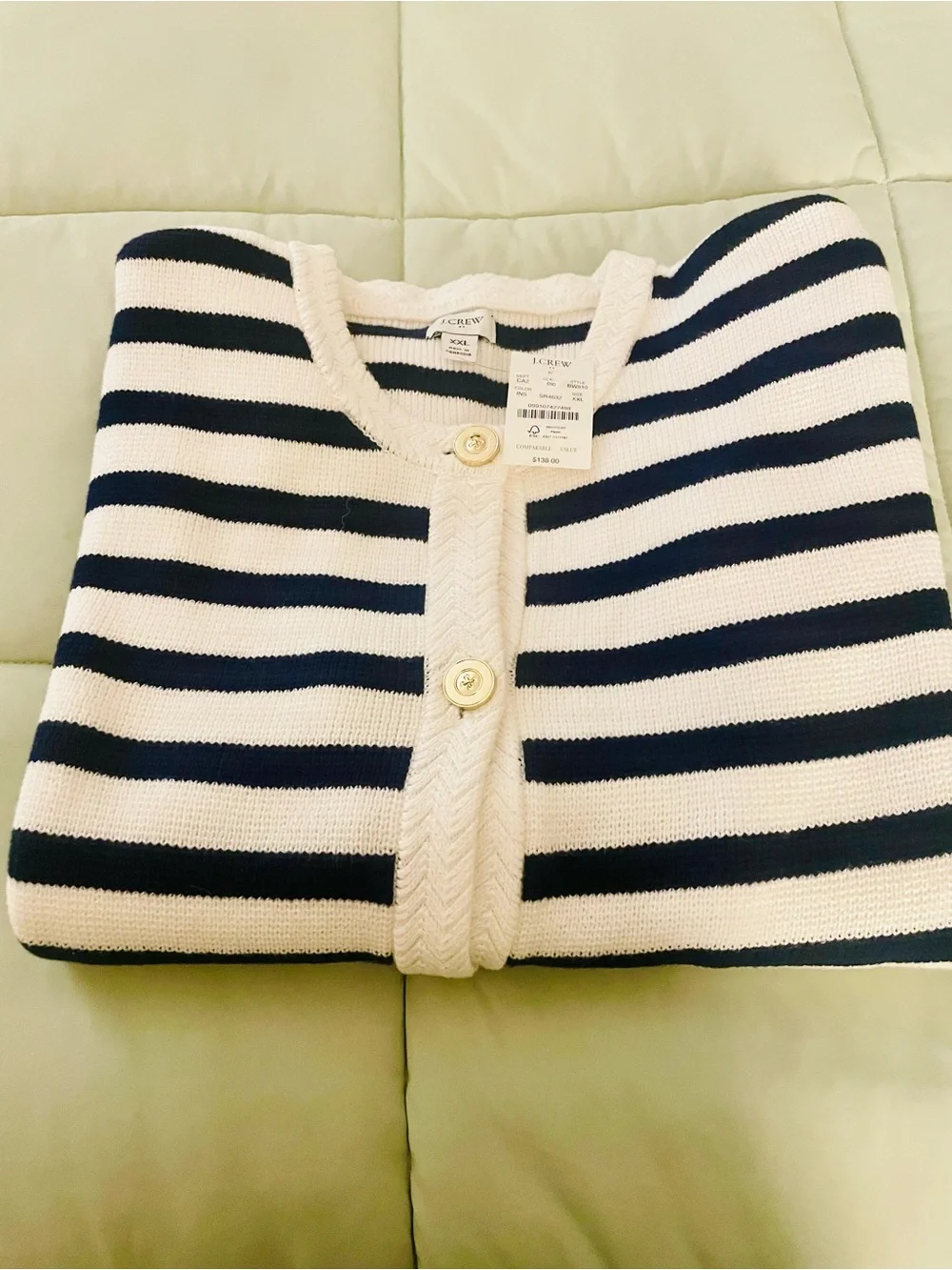 J. Crew Navy and White Striped Knit Cardigan with Gold Button
